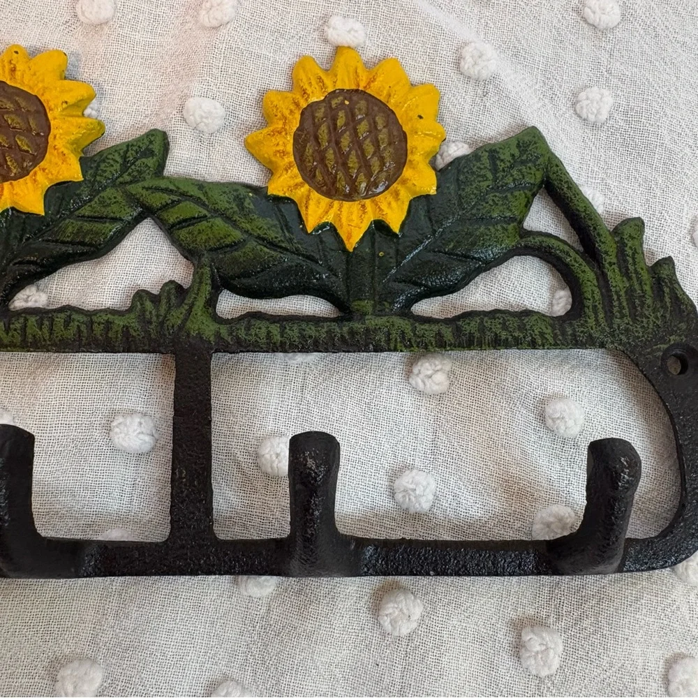 VINTAGE Farmhouse Cast Iron HOOK WALL HANGER Sunflowers